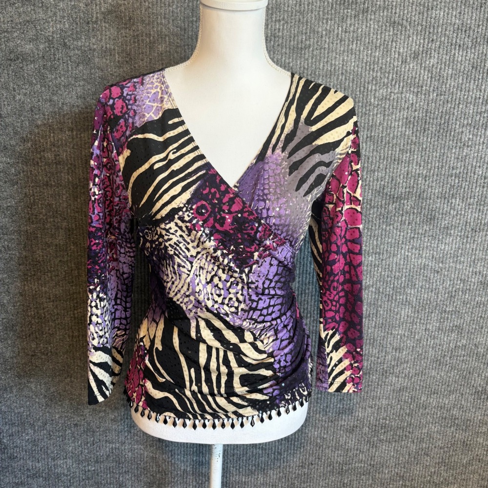 MSK Animal Print Sequin Beaded Fringe Top Womens Y2K Zebra Purple Black